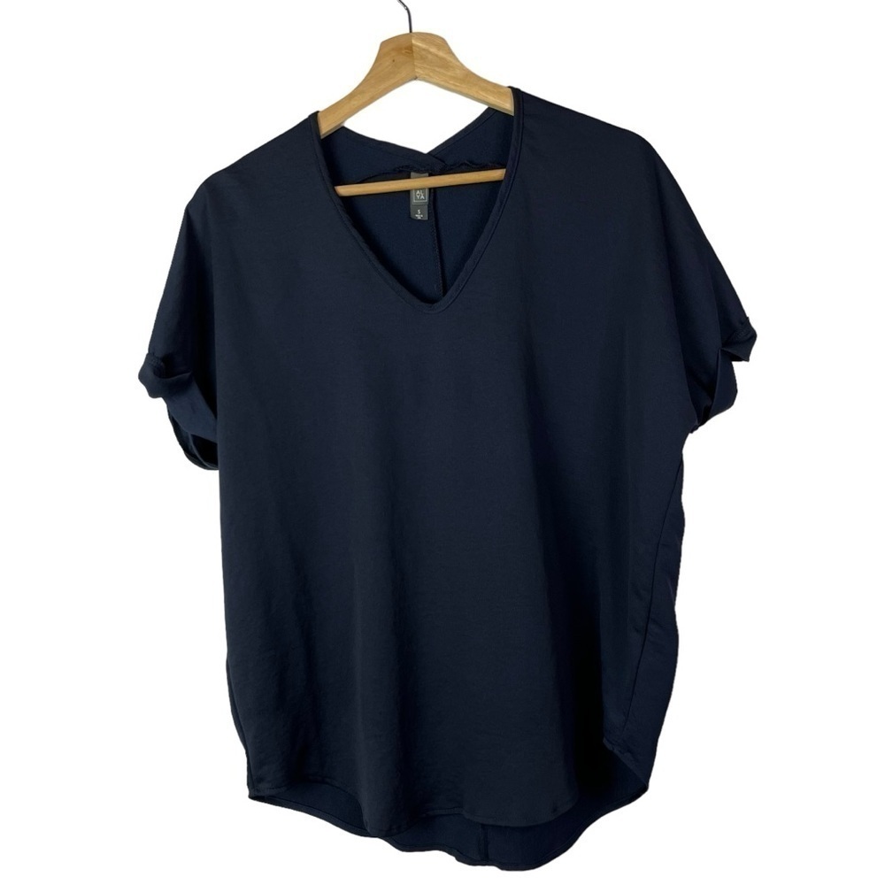 Alya Navy‎ Blue V-Neck Short Sleeve Blouse S